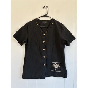 Robert Louis Black Ramie Cotton Beaded Palm Tree Embroidered Blouse Top Small